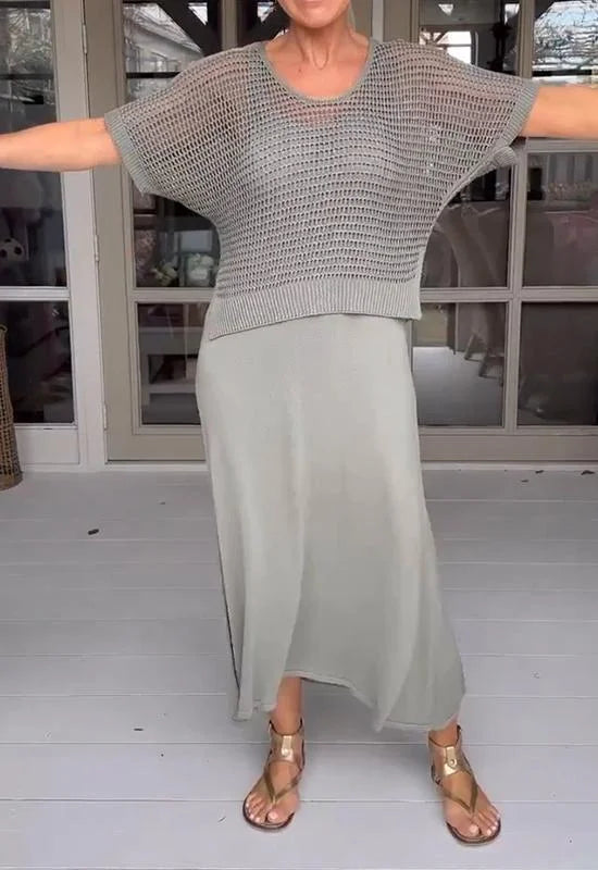 LaceFusion Tekstilmateriale | Regular Fit Kjolesæt | Kjole med Seler & Hulbluse til Hverdagsbrug & Arrangementer | Vanero