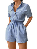 Dame Stribet Sommer Jumpsuit | Kortærmet Jumpsuit Med Knaplukning Og Elastisk Talje | Vanero