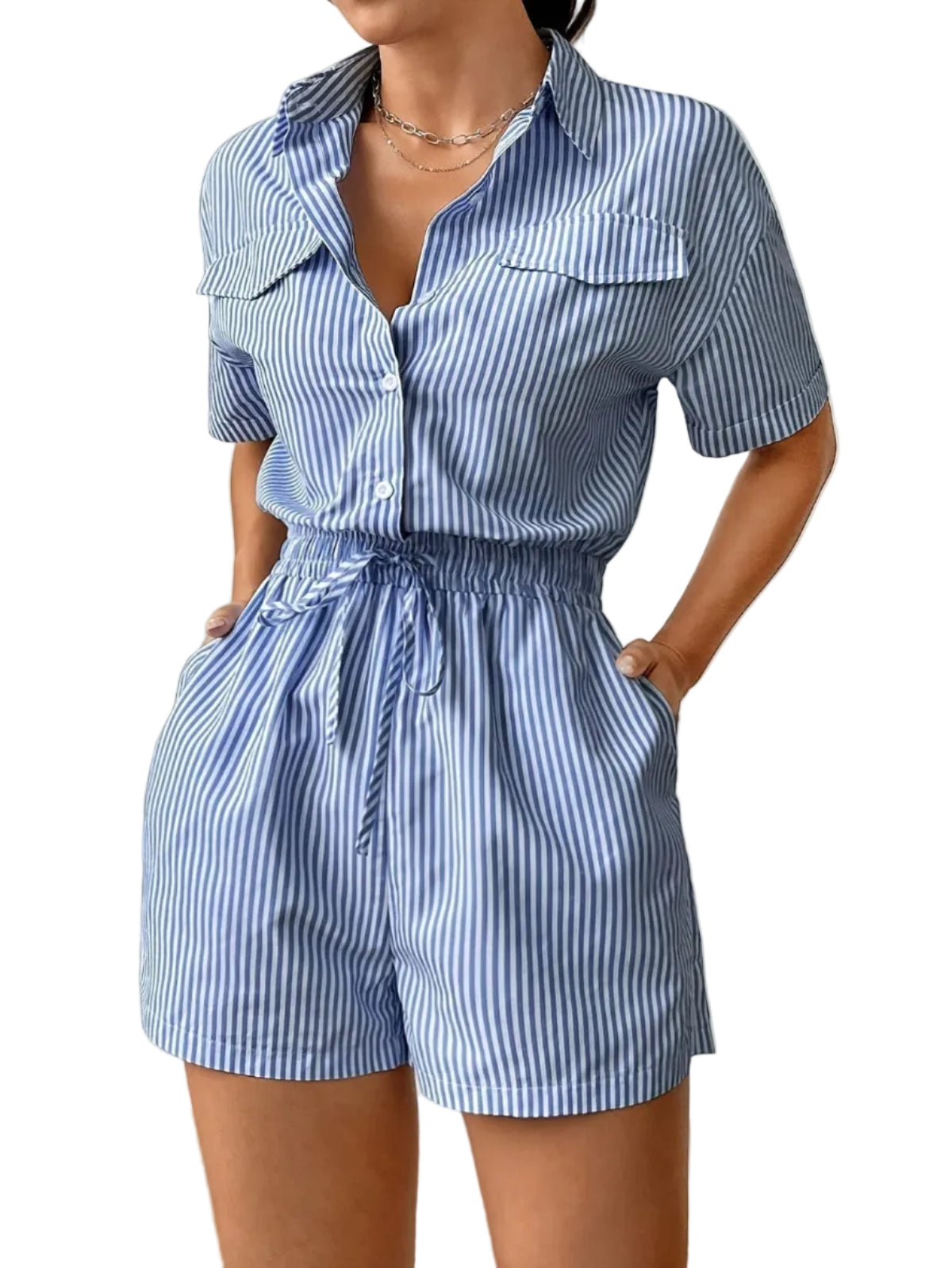 Dame Stribet Sommer Jumpsuit | Kortærmet Jumpsuit Med Knaplukning Og Elastisk Talje | Vanero