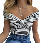 Dame Top Polyester | Bardot Stil Top | Stribet Design med Twist Detalje til Hverdags- og Fritidsbrug | Vanero