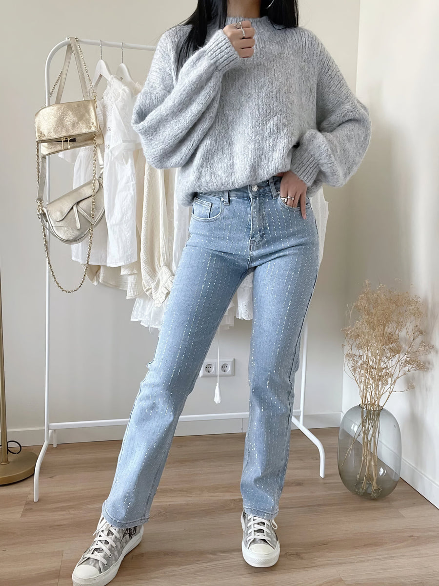 Dame Jeans Denim | Almindelig Pasform Denim Jeans Med Glitterfinish | Dekorativt Design Til Hverdagsbrug & Sociale Arrangementer | Vanero