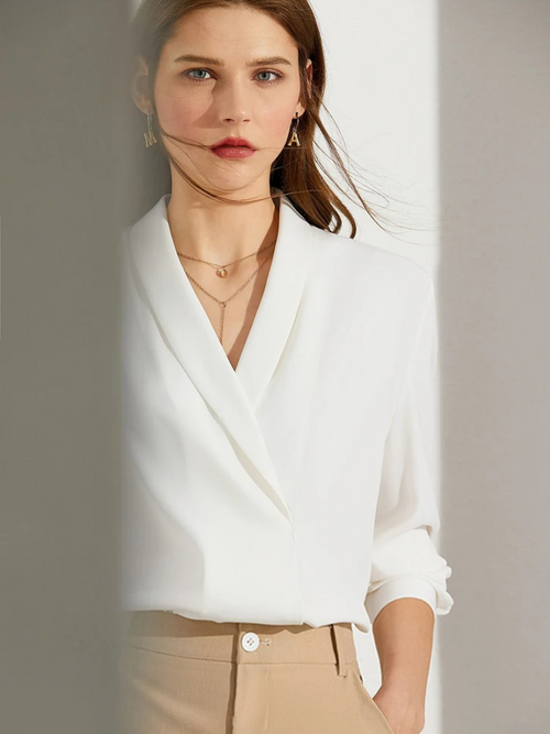 Dame Bluse Chiffonmateriale | Løs Pasform Langærmet Bluse | Asymmetrisk Kant Til Arbejde & Hverdagsbrug | Vanero
