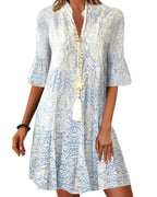 Damekjole Tekstilblanding | Regular Fit Minikjole | Boho Print Spaltkrave Design til Hverdagsbrug & Fritidsaktiviteter | Vanero