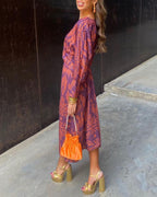 Damekjole Tekstilblanding | Relaxed Fit Maxi Kjole | Langærmet V-Hals Design til Hverdagsbrug & Sociale Anledninger | Vanero