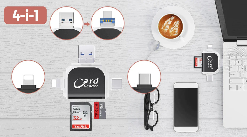 4-i-1 Hukommelseskortlæser | SD, SDHC, SDXC & MicroSD Understøttelse | Kompakt USB-Kortadapter Til Filadgang & Dataoverførsel | Vanero
