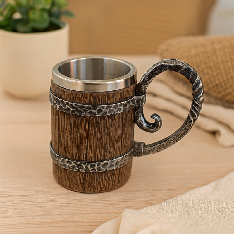 Ølkrus Træ & Rustfrit Stål | 500ml Ølstein Med Tøndedesign | Til Hjemmebar & Oktoberfest | Vanero
