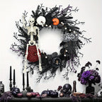 Halloween Krans Plastik | Hængedekoration Med Skelet & Græskar | Til Dør, Væg & Overdækket Udendørs Brug | Vanero
