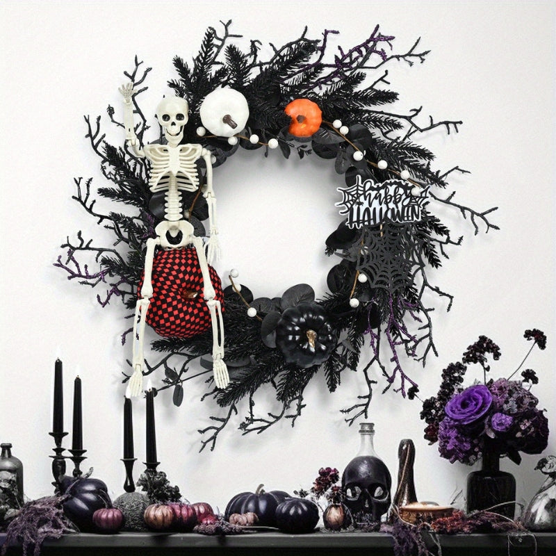 Halloween Krans Plastik | Hængedekoration Med Skelet & Græskar | Til Dør, Væg & Overdækket Udendørs Brug | Vanero