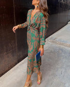 Damekjole Tekstilblanding | Relaxed Fit Maxi Kjole | Langærmet V-Hals Design til Hverdagsbrug & Sociale Anledninger | Vanero