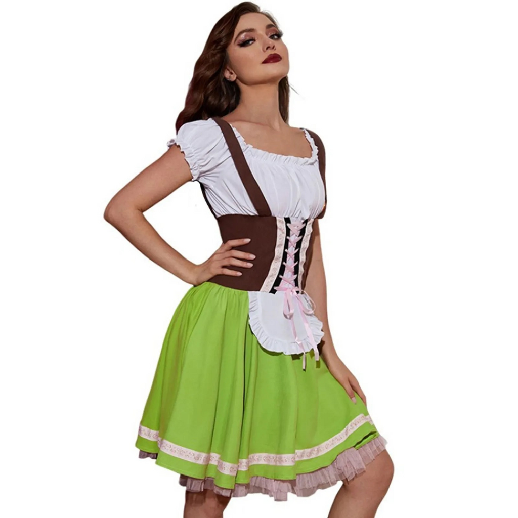 Dame Dirndl Kjole Tekstilmateriale | Almindelig Pasform Knælængde Kjole | Snøreliv Med Forklæde Til Festivaler & Kulturelle Arrangementer | Vanero