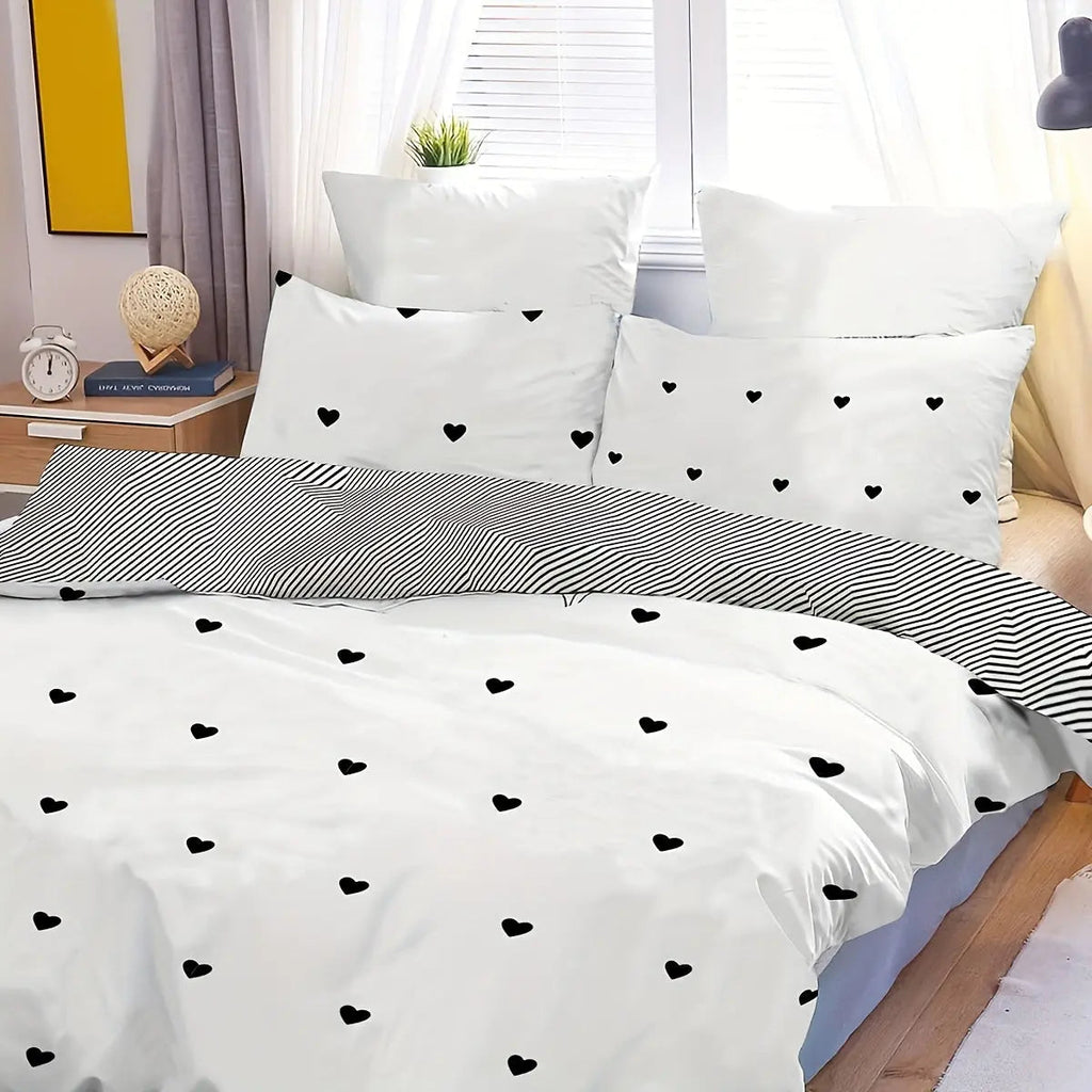 Dynebetrækssæt I Mikrofiber Med Hjerteprint | Sengetøj Med To Pudebetræk | Til Soveværelset | Vanero