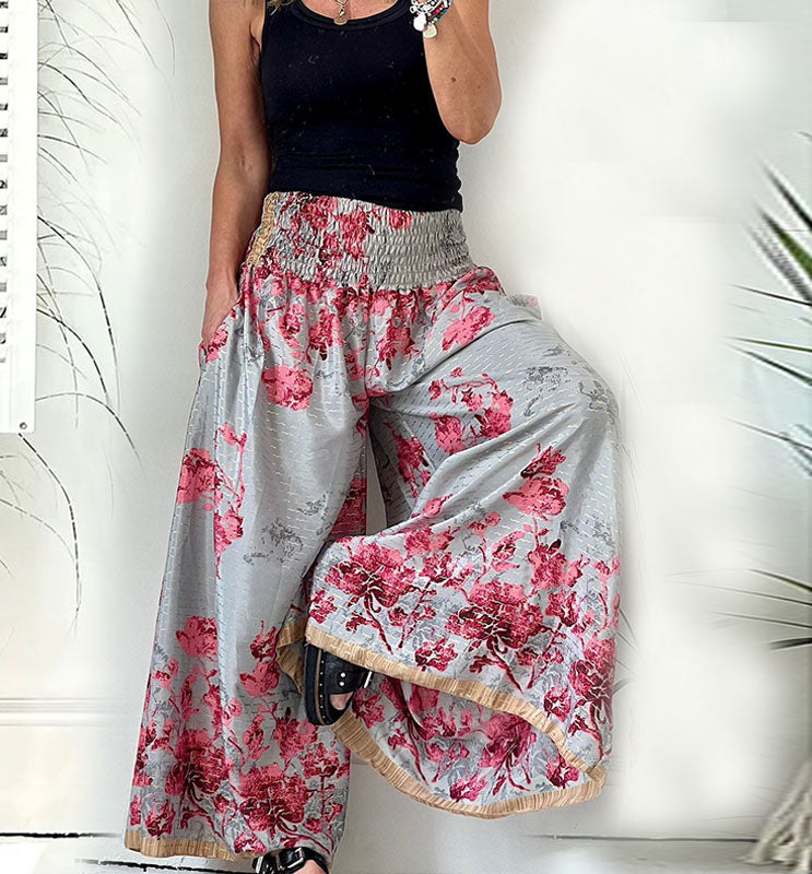 Bukser Satinblanding | Afslappet Pasform Wide Leg Bukser | Blomstermønster Til Hverdagsbrug & Fritid | Vanero