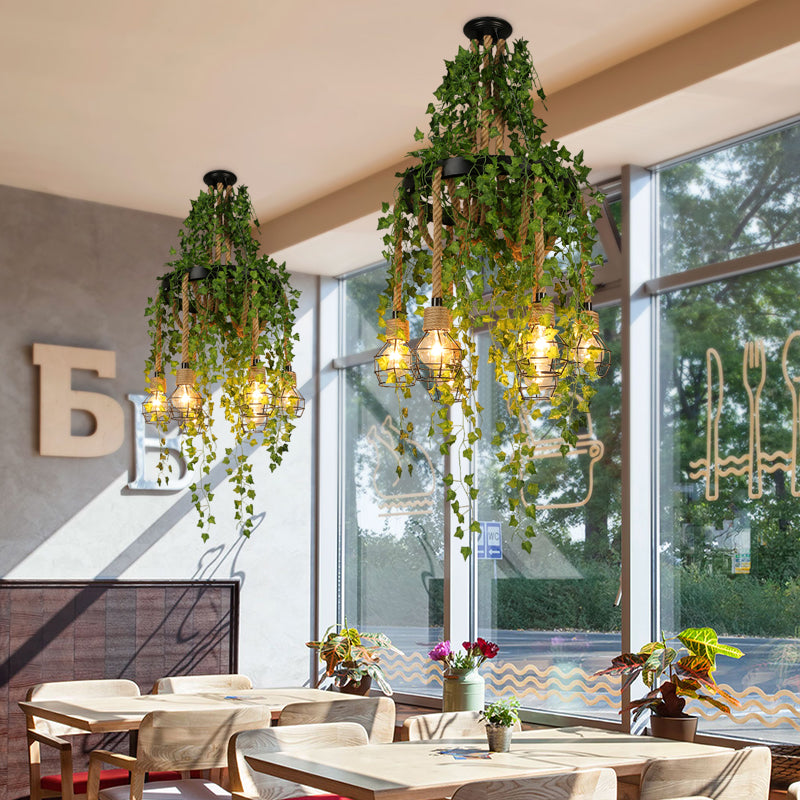 Metal Bare Bulb Pendel Chandelier Antik | 6 Pærer Restaurant Plante Loftophængslampe i Sort | vANERO