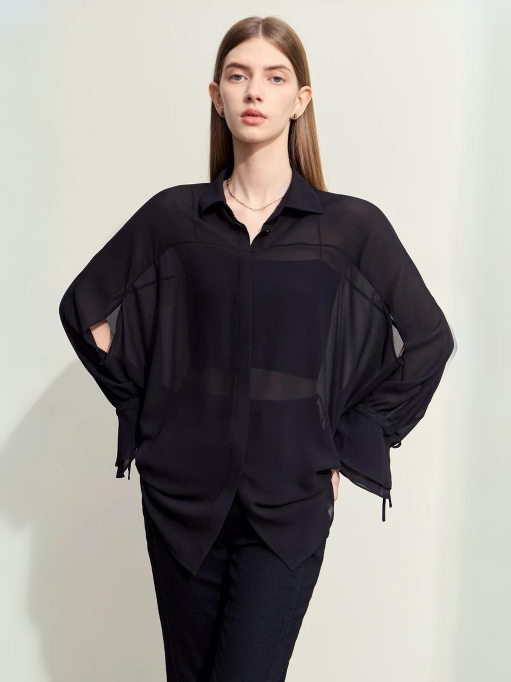 Dame Bluse Chiffonmateriale | Løs Pasform Langærmet Bluse | Rynkede Manchetter Til Arbejde & Hverdagsbrug | Vanero