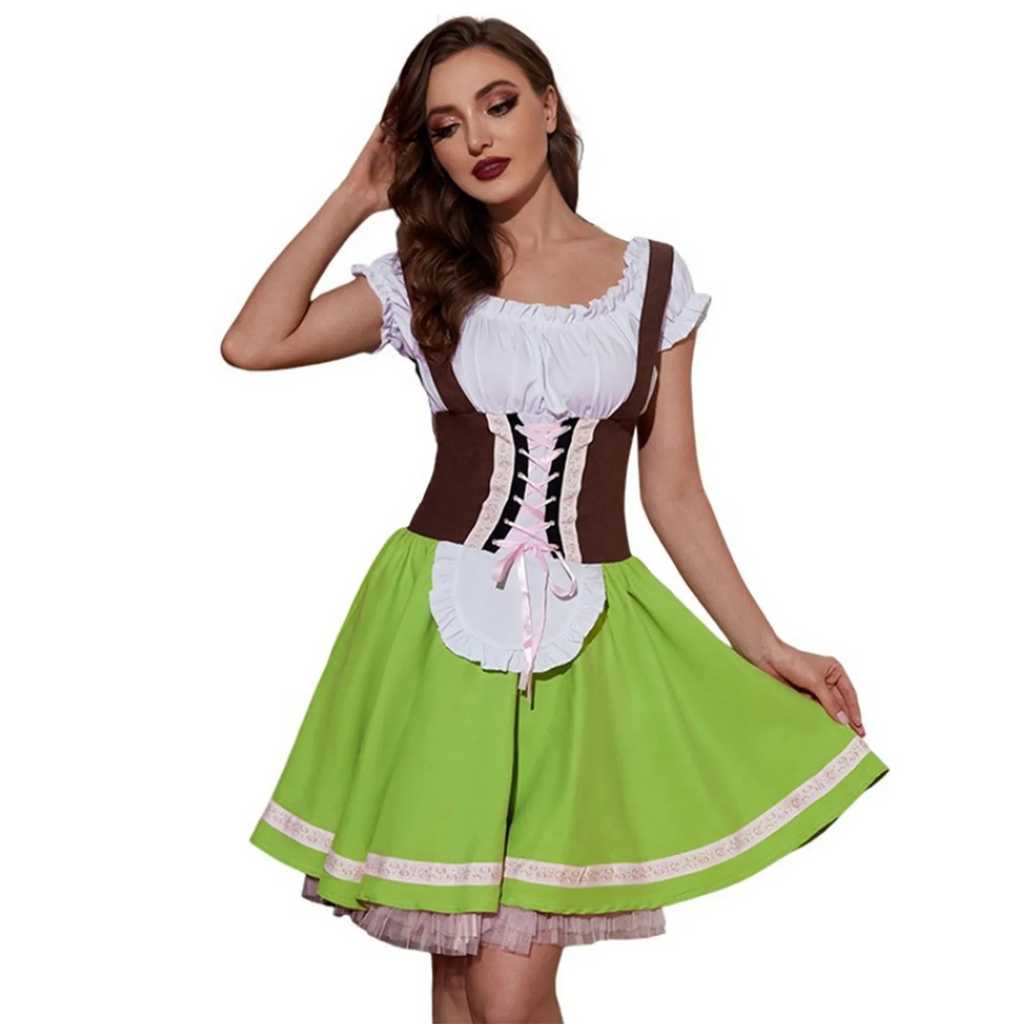 Dame Dirndl Kjole Tekstilmateriale | Almindelig Pasform Knælængde Kjole | Snøreliv Med Forklæde Til Festivaler & Kulturelle Arrangementer | Vanero