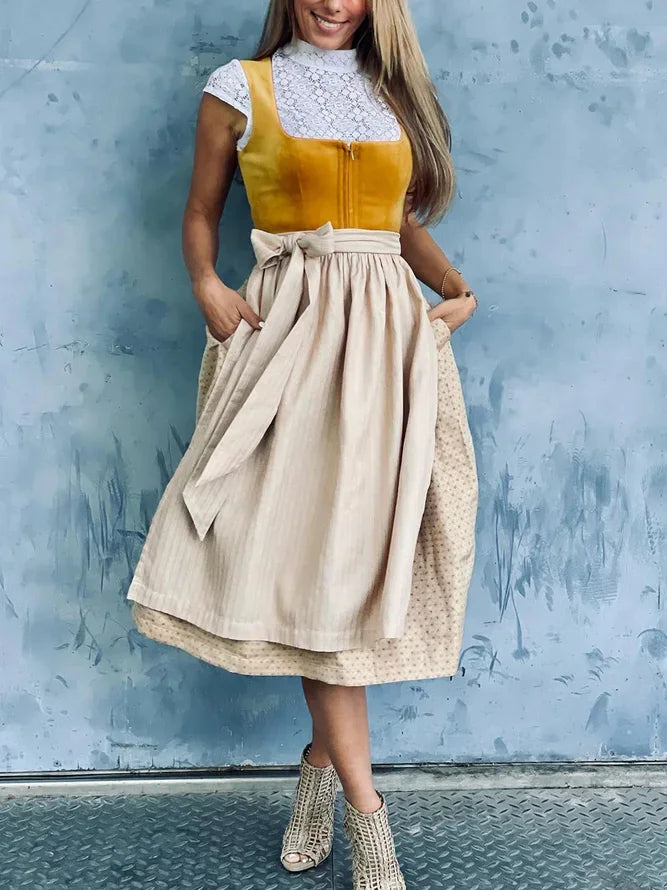 Dame Dirndl Kjole Tekstilmateriale | Almindelig Pasform Midikjole | Blondebluse Med Forklædeskørt Til Festivaler & Arrangementer | Vanero