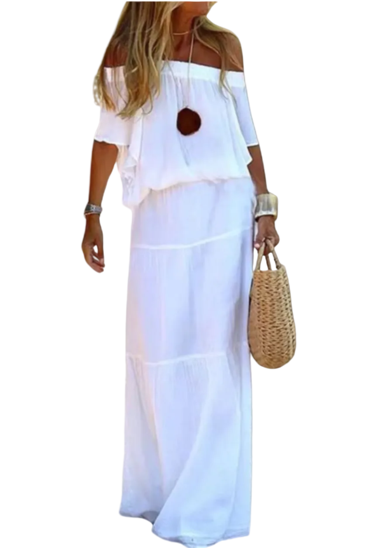 Off Shoulder Sommerkjole | Maxikjole Med Elastisk Talje Og 3/4 Ærmer | Hverdagsbrug I Varmt Vejr | Vanero