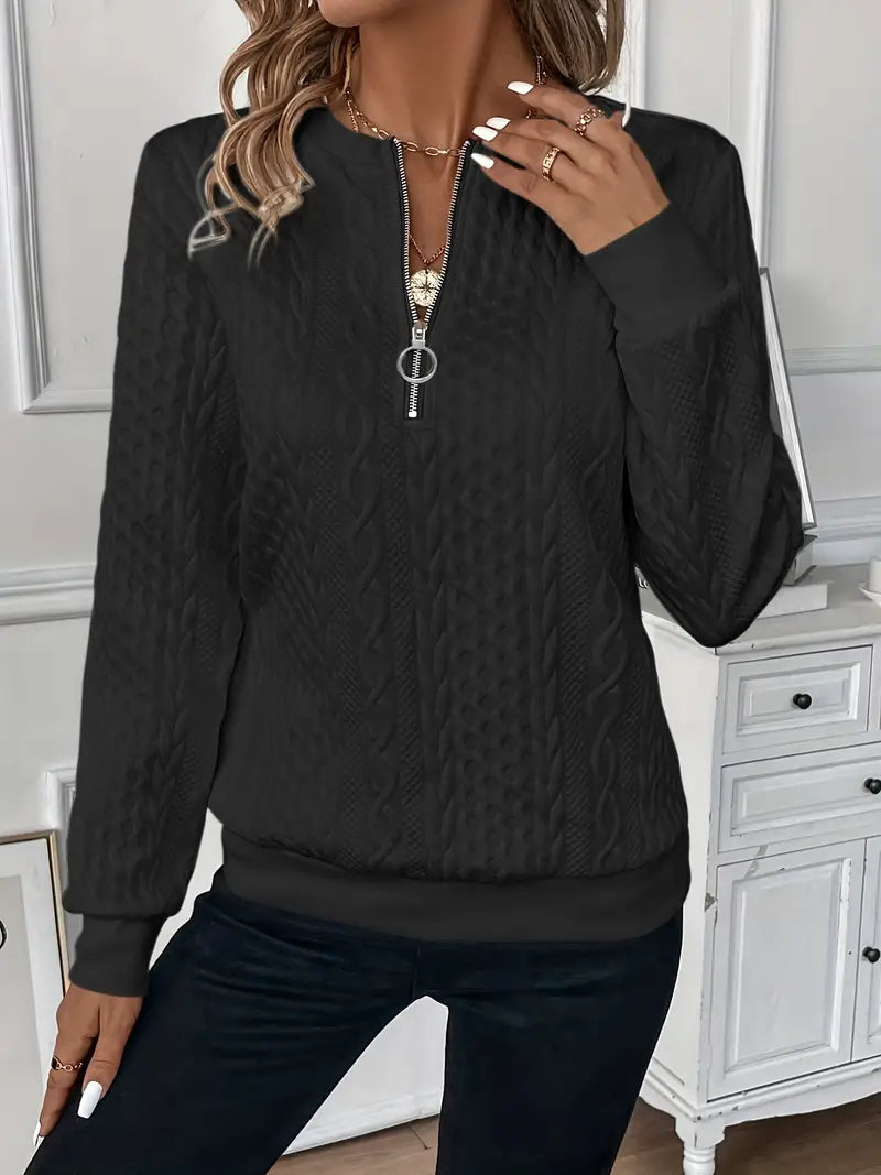 Abrie Sweater | Kabelstrikket sweater med halv lynlås til kvinder l Vanero