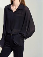 Dame Bluse Chiffonmateriale | Løs Pasform Langærmet Bluse | Rynkede Manchetter Til Arbejde & Hverdagsbrug | Vanero