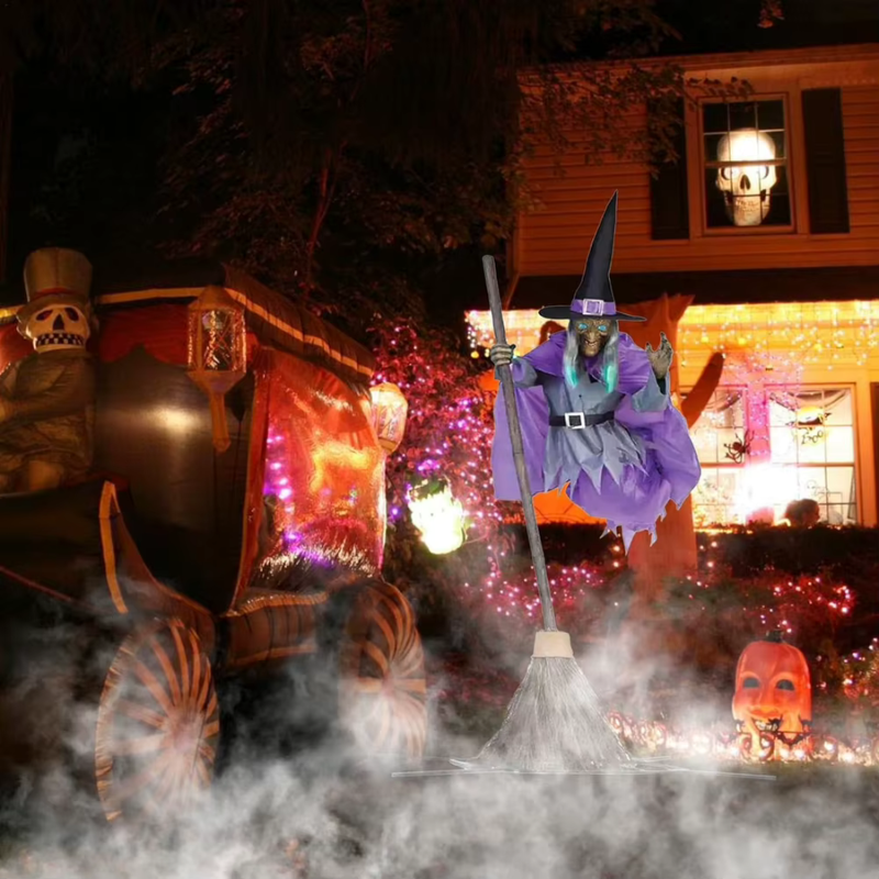 Flyvende Heks Halloween Dekoration | Hængende Heks Med LED-Øjne & Lyd | Til Indendørs & Udendørs Brug | Vanero