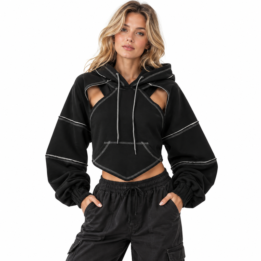 Dame Cropped Hoodie | Skulderudskæringer & Kontrastsømme | Hættetrøje Med Snøre & Lange Ballonærmer Til Streetwear | Vanero
