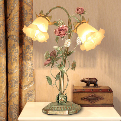 Metal Flared Nightstand Lamp with Floral Decoration | Green 1/2 Light | Vanero