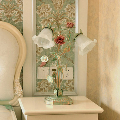 Metal Flared Nightstand Lamp with Floral Decoration | Green 1/2 Light | Vanero