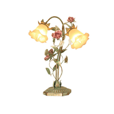 Metal Flared Nightstand Lamp with Floral Decoration | Green 1/2 Light | Vanero