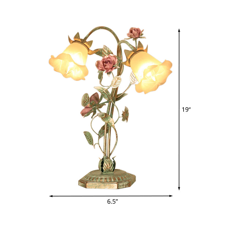 Metal Flared Nightstand Lamp with Floral Decoration | Green 1/2 Light | Vanero