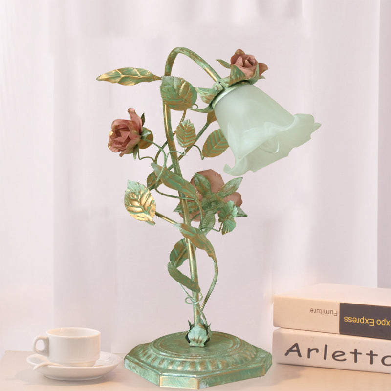 Metal Flared Nightstand Lamp with Floral Decoration | Green 1/2 Light | Vanero