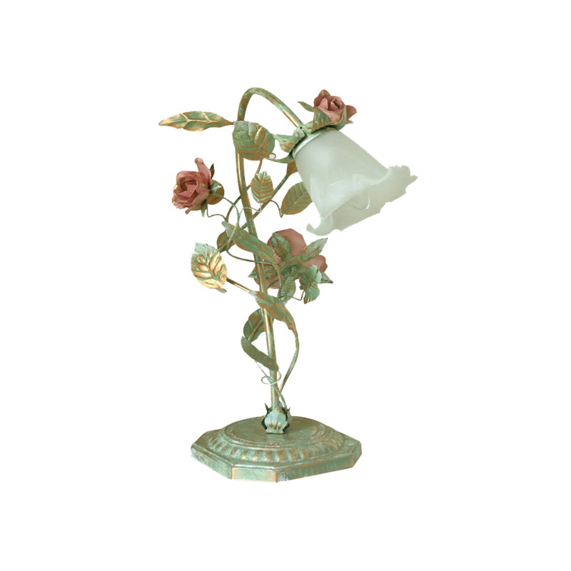 Metal Flared Nightstand Lamp with Floral Decoration | Green 1/2 Light | Vanero