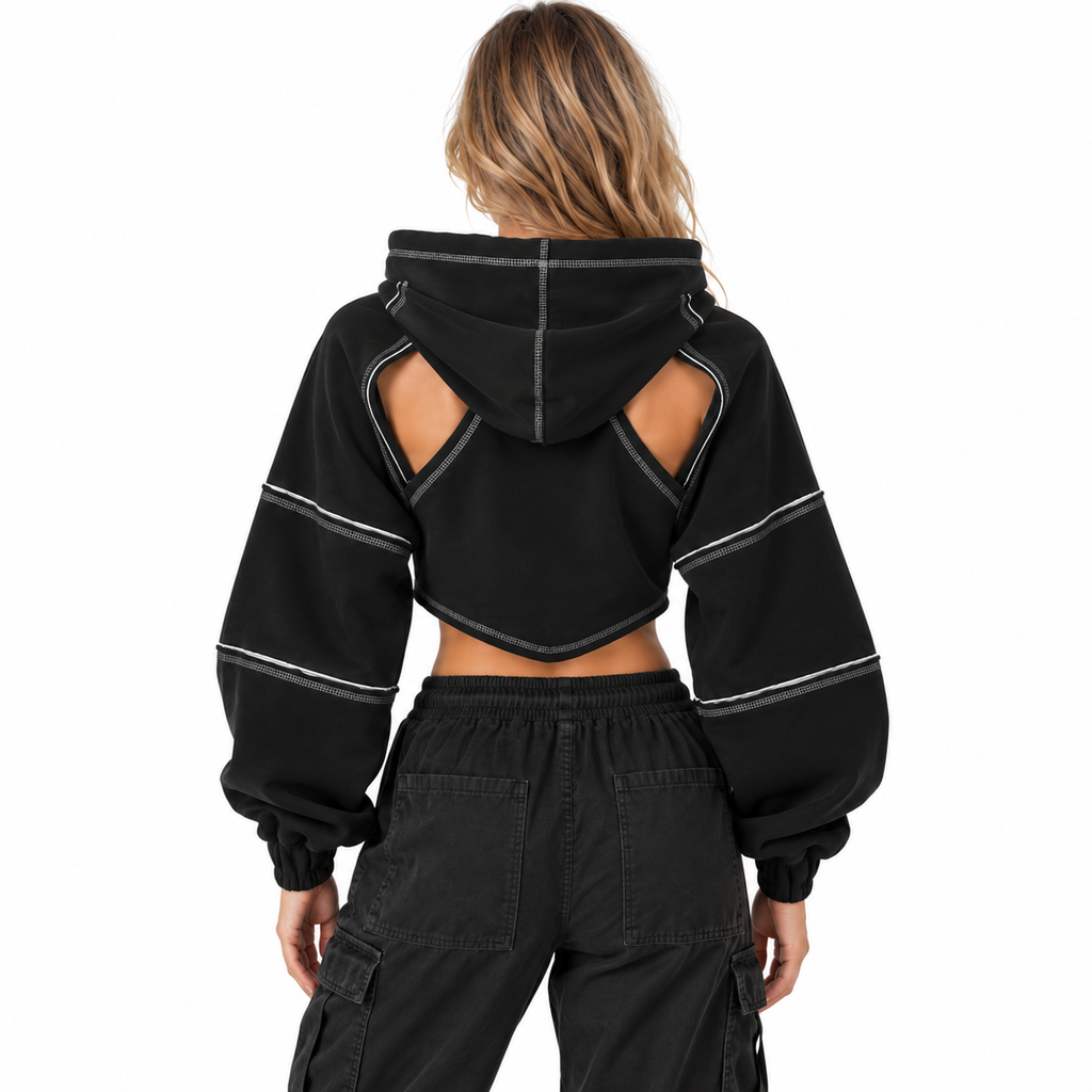 Dame Cropped Hoodie | Skulderudskæringer & Kontrastsømme | Hættetrøje Med Snøre & Lange Ballonærmer Til Streetwear | Vanero