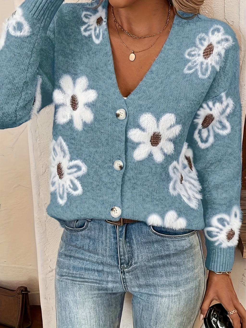 Damecardigan Strikmateriale | Regular Fit Cardigan | Blomstermønster Med V-Hals Knaplukning til Hverdagsbrug | Vanero