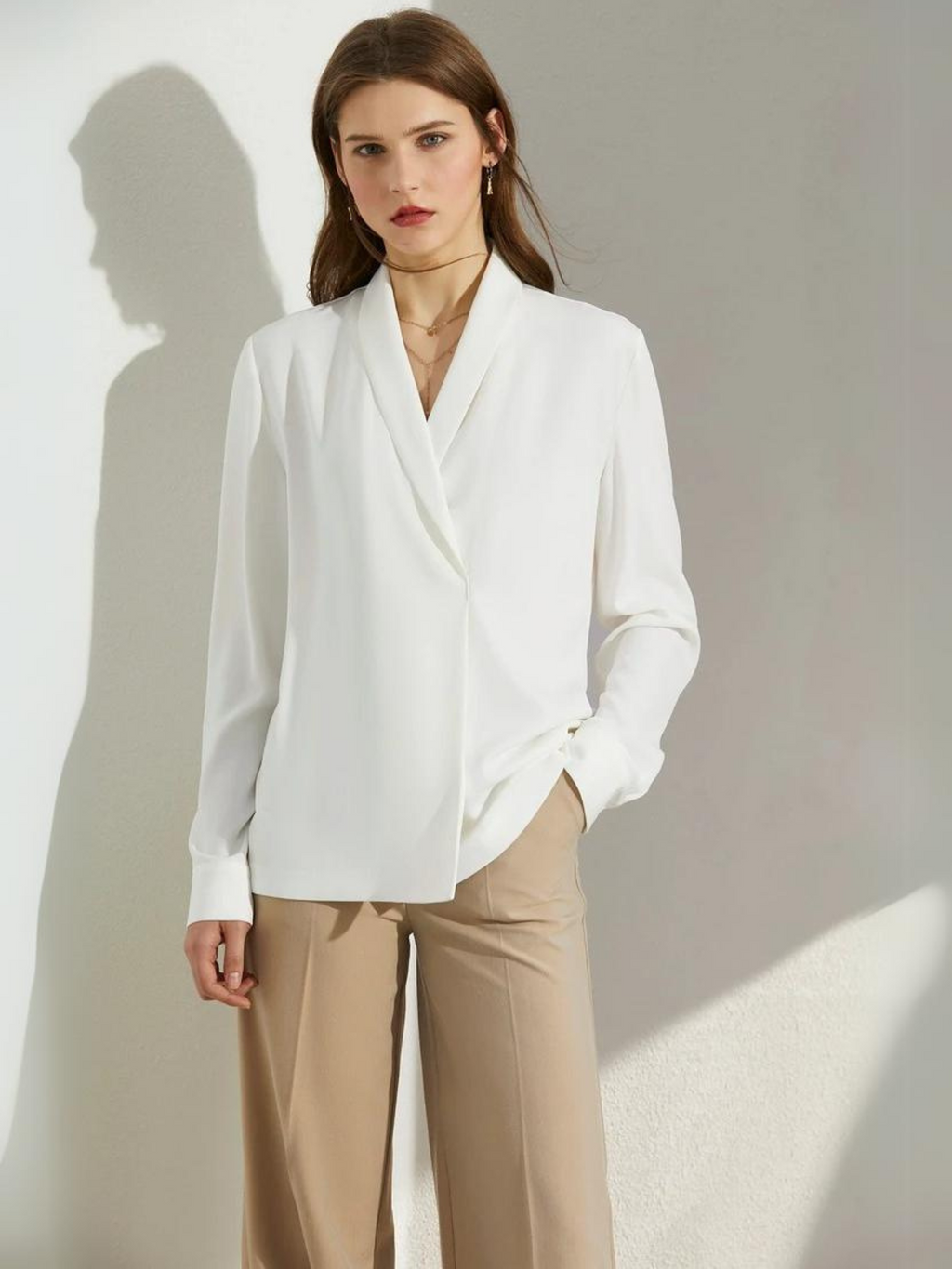 Dame Bluse Chiffonmateriale | Løs Pasform Langærmet Bluse | Asymmetrisk Kant Til Arbejde & Hverdagsbrug | Vanero