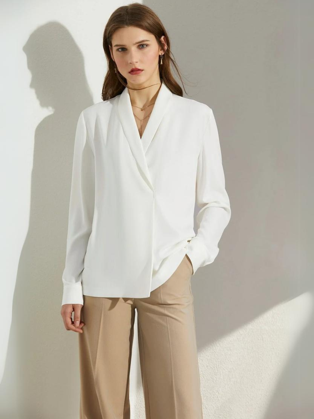 Dame Bluse Chiffonmateriale | Løs Pasform Langærmet Bluse | Asymmetrisk Kant Til Arbejde & Hverdagsbrug | Vanero