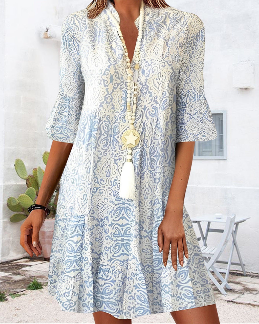 Damekjole Tekstilblanding | Regular Fit Minikjole | Boho Print Spaltkrave Design til Hverdagsbrug & Fritidsaktiviteter | Vanero