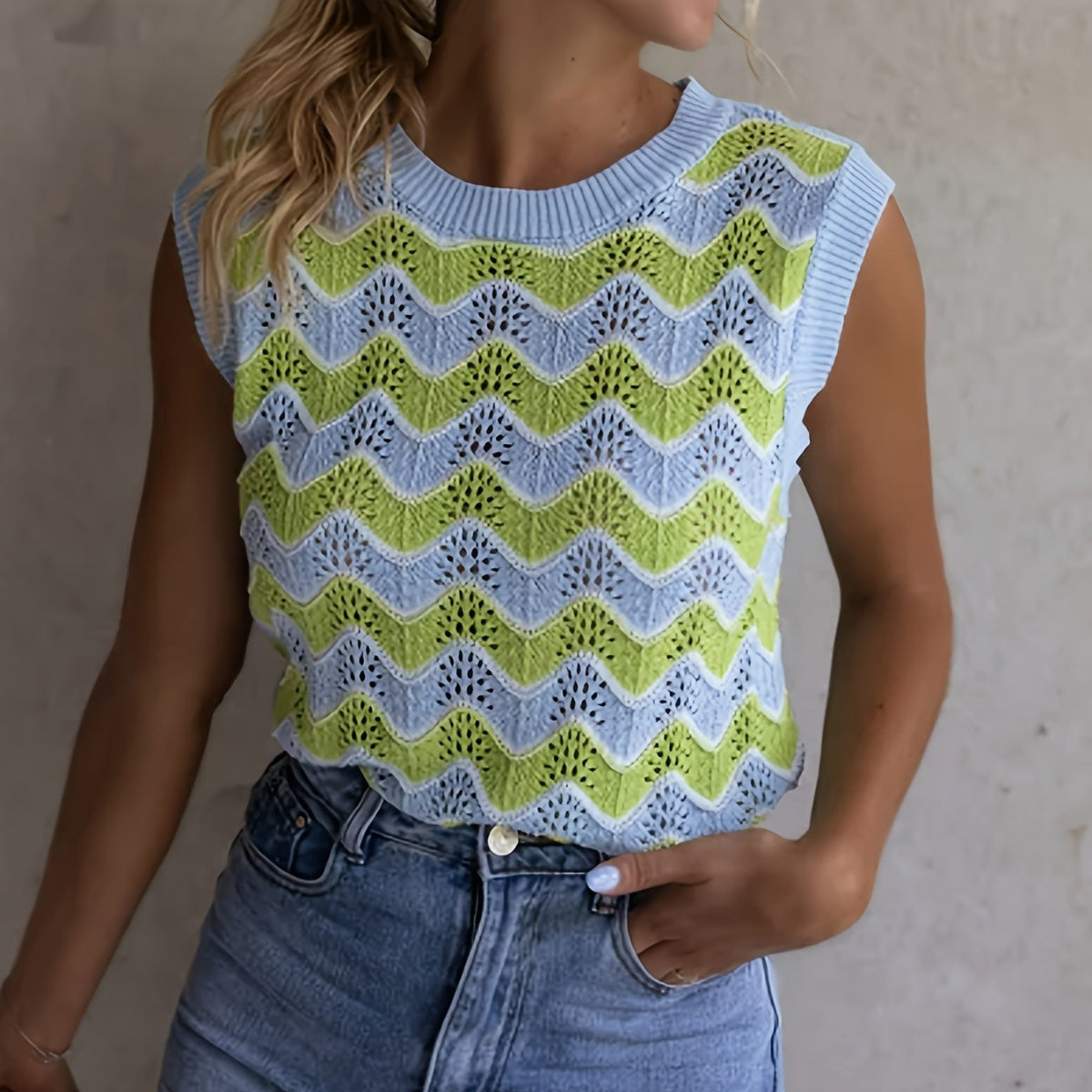 Dame Sommertop I Strikket Look | Ærmeløs Rundhalset Top I Akrylblanding | Hverdagsbrug | Vanero