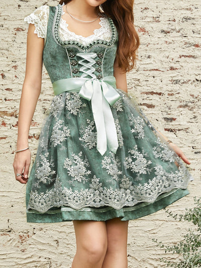 Dame Oktoberfest Dirndl Kjole | Snørebåndsoberdel & Broderet Forklæde | Vanero
