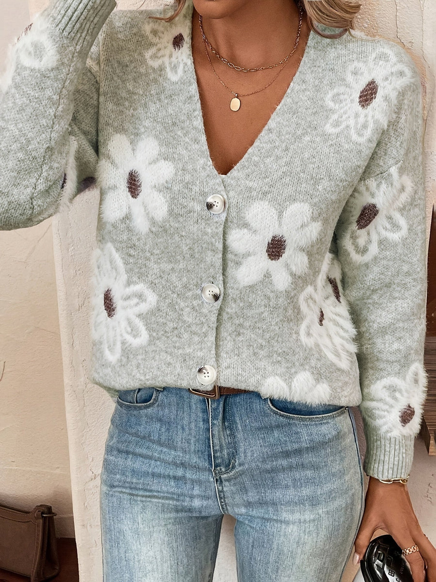 Damecardigan Strikmateriale | Regular Fit Cardigan | Blomstermønster Med V-Hals Knaplukning til Hverdagsbrug | Vanero