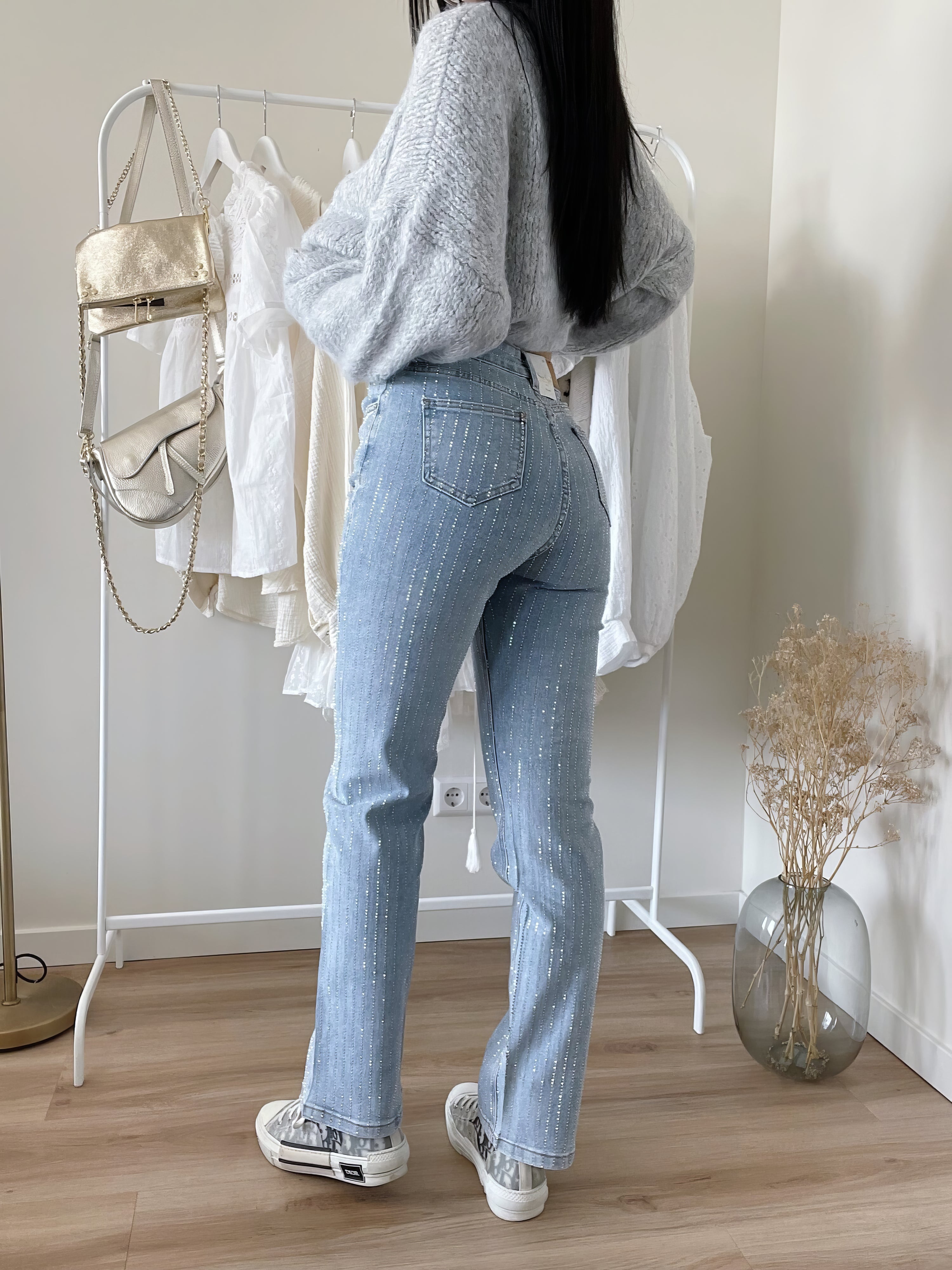 Dame Jeans Denim | Almindelig Pasform Denim Jeans Med Glitterfinish | Dekorativt Design Til Hverdagsbrug & Sociale Arrangementer | Vanero