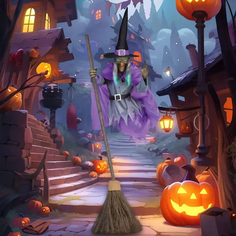 Flyvende Heks Halloween Dekoration | Hængende Heks Med LED-Øjne & Lyd | Til Indendørs & Udendørs Brug | Vanero