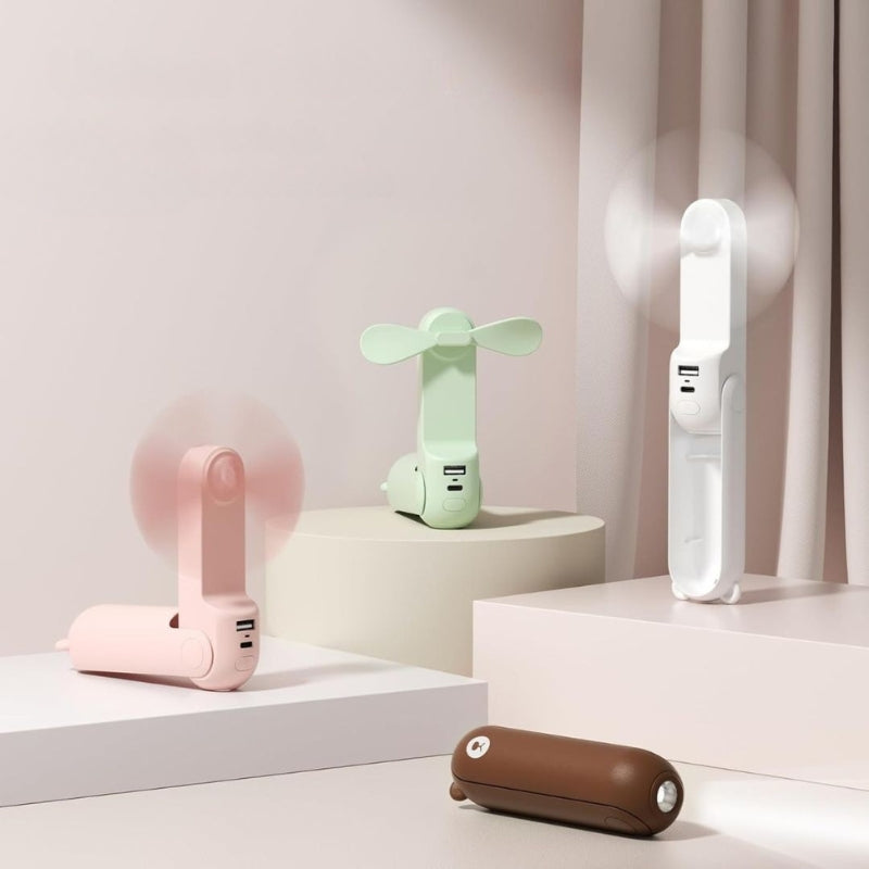 Mini Ventilator | USB Genopladelig Foldbar Mini Ventilator Med Lommelygte Og Powerbank | Bærbar Personlig Køling | Vanero