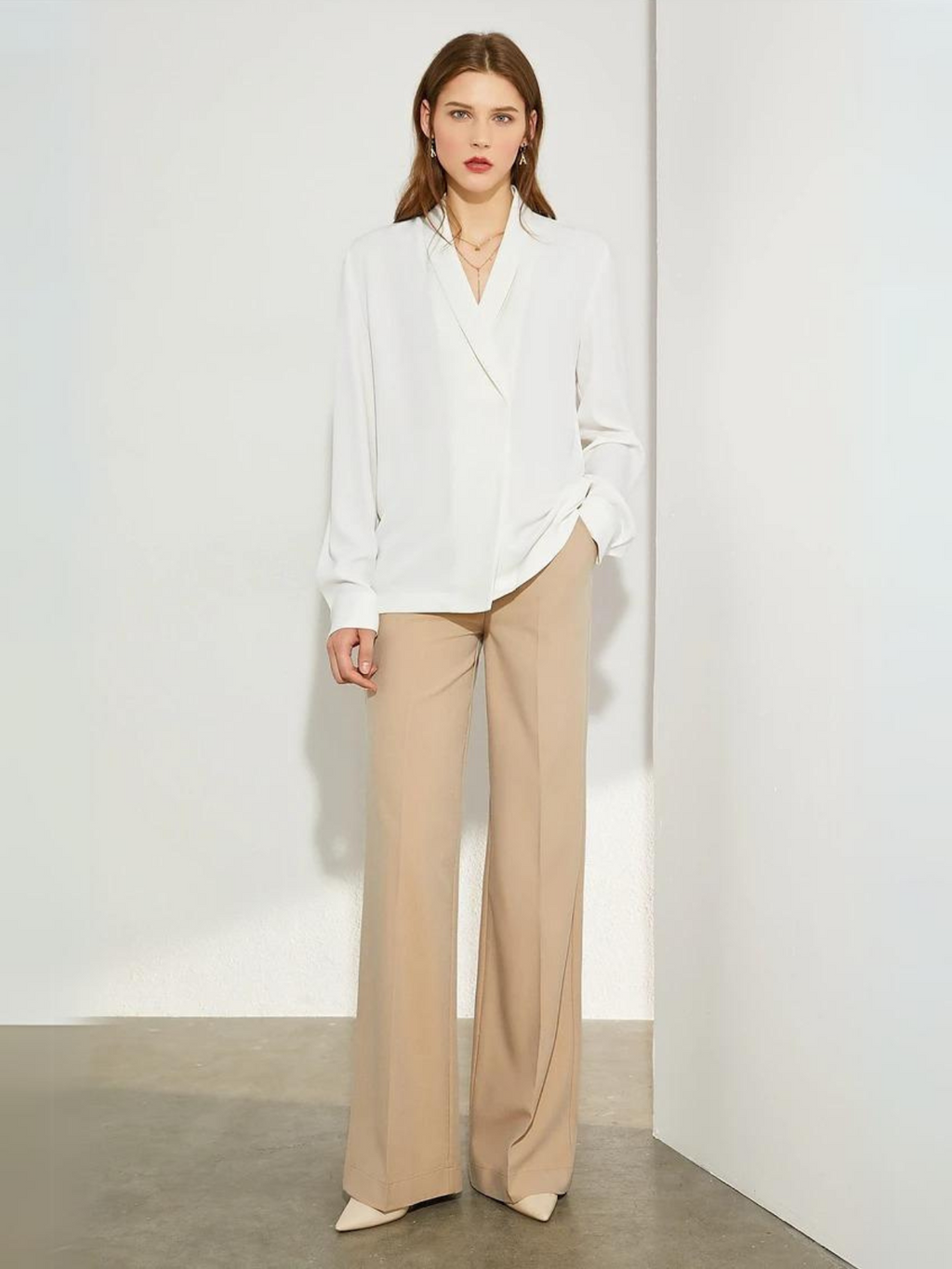 Dame Bluse Chiffonmateriale | Løs Pasform Langærmet Bluse | Asymmetrisk Kant Til Arbejde & Hverdagsbrug | Vanero