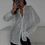 Caroline Pailletstof | Oversized Pasform Skjorte | Knaplukning Foran til Hverdagsbrug & Arrangementer | Vanero