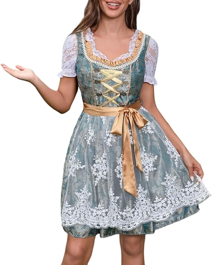 Dame Oktoberfest Dirndl Kjole | Broderet Forklæde & Snørebåndsoverdel | Vanero