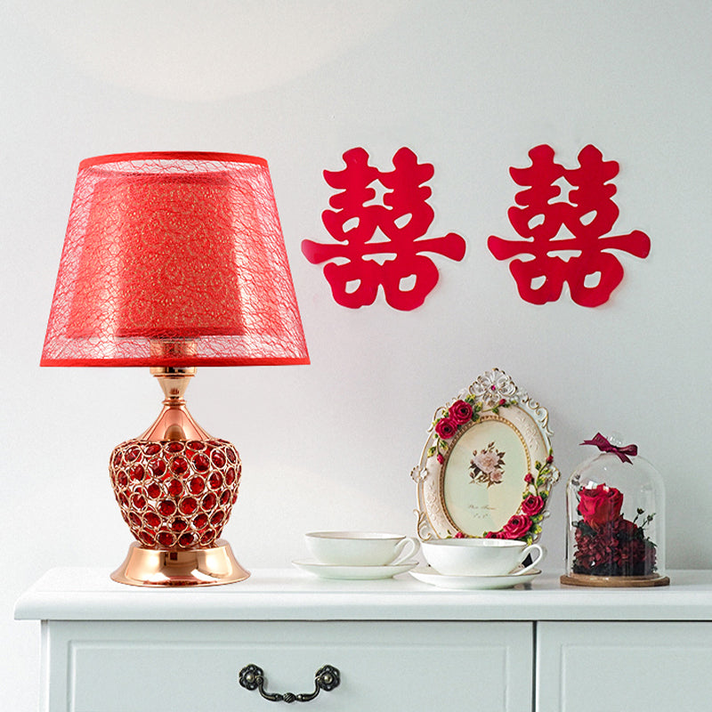 1 Lys Natbord Lampe Retro Urne Form Krystal Indbygget Bordbelysning med Dobbelt Empire Skærm | Rød/Guld | Vanero