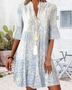 Damekjole Tekstilblanding | Regular Fit Minikjole | Boho Print Spaltkrave Design til Hverdagsbrug & Fritidsaktiviteter | Vanero