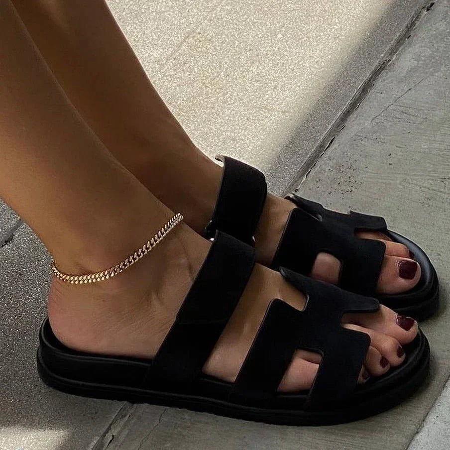 Damesandaler Syntetisk Læder | Slip-On Pasform Sommersandaler | Polstret Sål med Skridsikker Ydersål til Fritid & Hverdagsbrug | Vanero