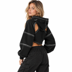 Dame Cropped Hoodie | Skulderudskæringer & Kontrastsømme | Hættetrøje Med Snøre & Lange Ballonærmer Til Streetwear | Vanero