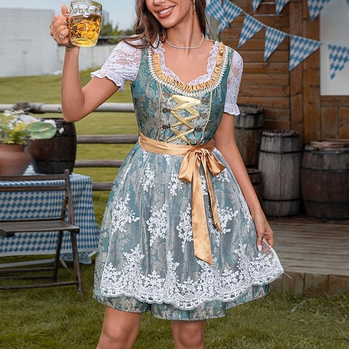 Dame Oktoberfest Dirndl Kjole | Broderet Forklæde & Snørebåndsoverdel | Vanero